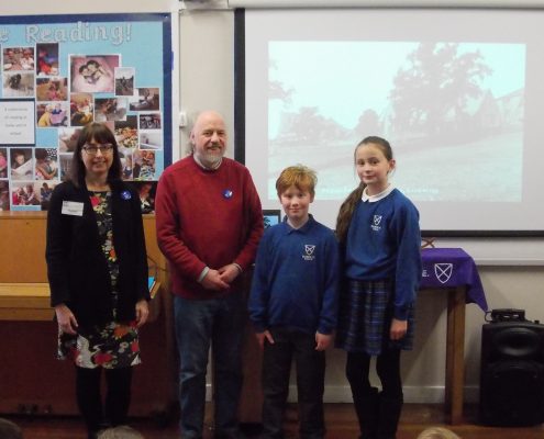 Graham & Helen with two pupils who are related to Farnhill WW1 Volunteers